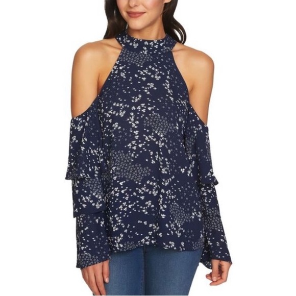 NWT 1. State Blue and White Floral Cold Shoulder High Neck Tiered Blouse XL - Picture 1 of 14